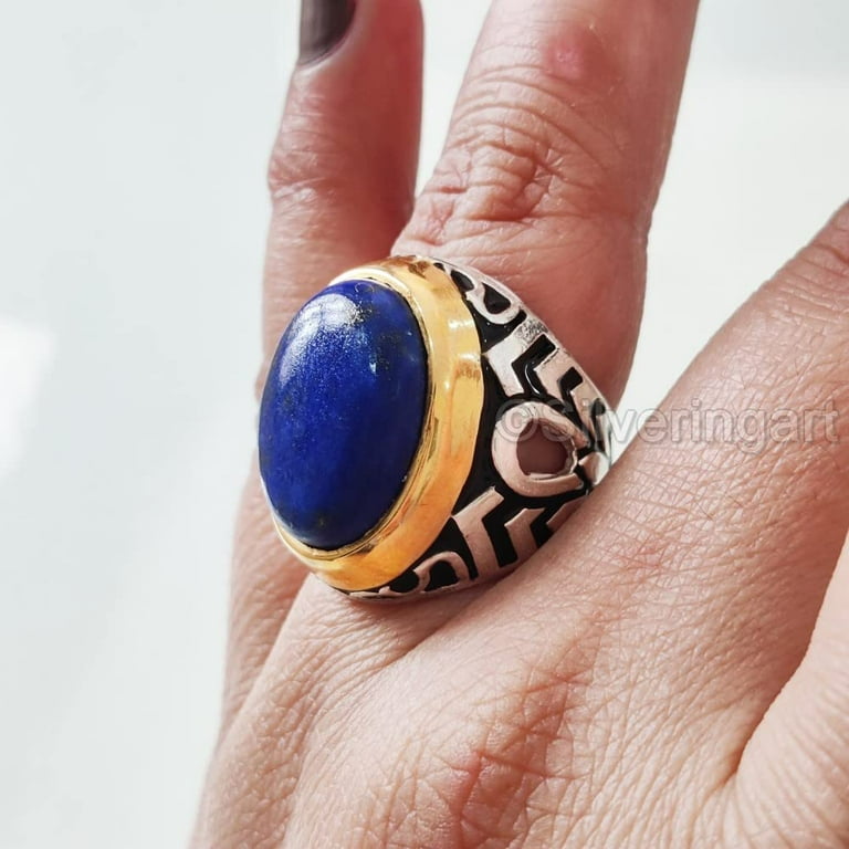 Lapis Lazuli Ring For Men - 925 Sterling Silver Signet Ring With Lapis & Agate Stones, Size 12