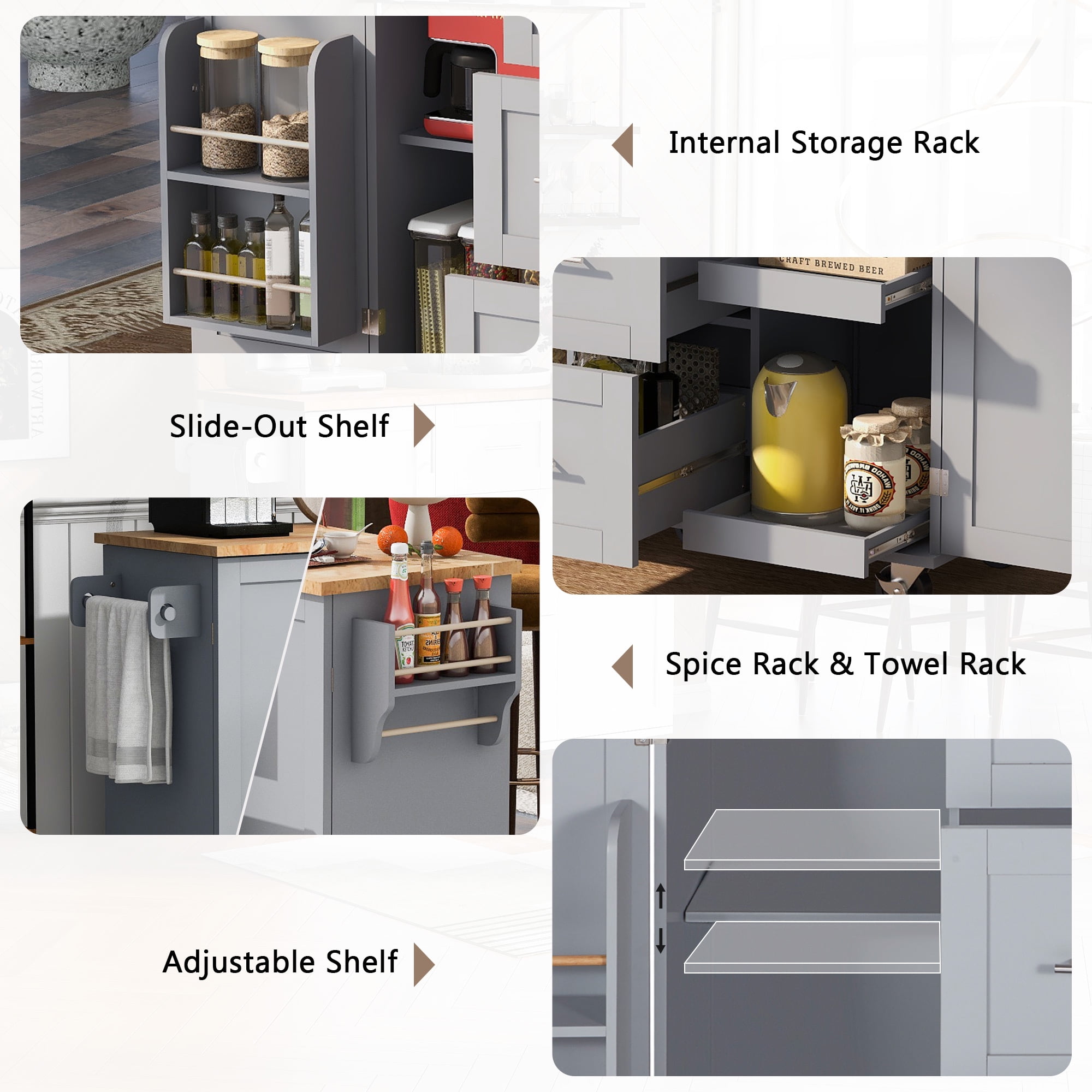 Yoneston Kitchen Island with 3 Drawers & 2 Slide-Out Shelves, Rolling Kitchen Storage Cart with Spice Rack and Towel Rack for Home, Kitchen, Dining Room, Gray