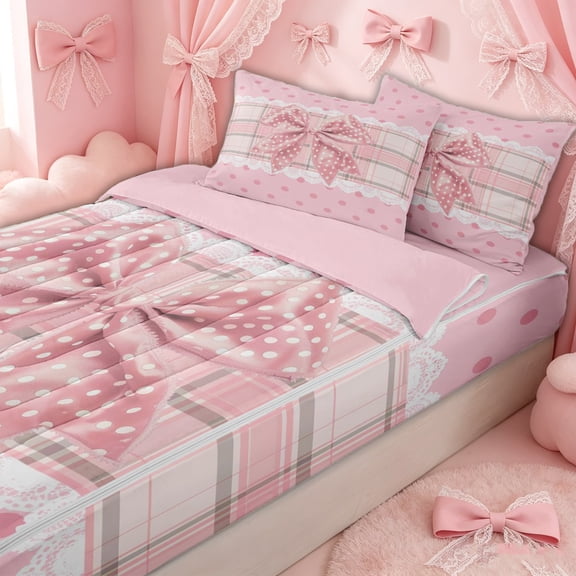 Erosebridal Cottage Plaid Bow Zipper Twin Comforter Sets with Fitted Sheet and 2 Pillowcases for Girls, Cute Polka Dot Buffalo Zipper Bedding Set, Pink Reversible, 4pcs