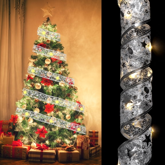 Christmas Tree Ribbon Light, 3.28Ft 10 LEDs Ribbon Bows Lights, Battery Powered Christmas Tree Decorations String Light for Party Weddings Christmas Tree (Silver, Warm Light)