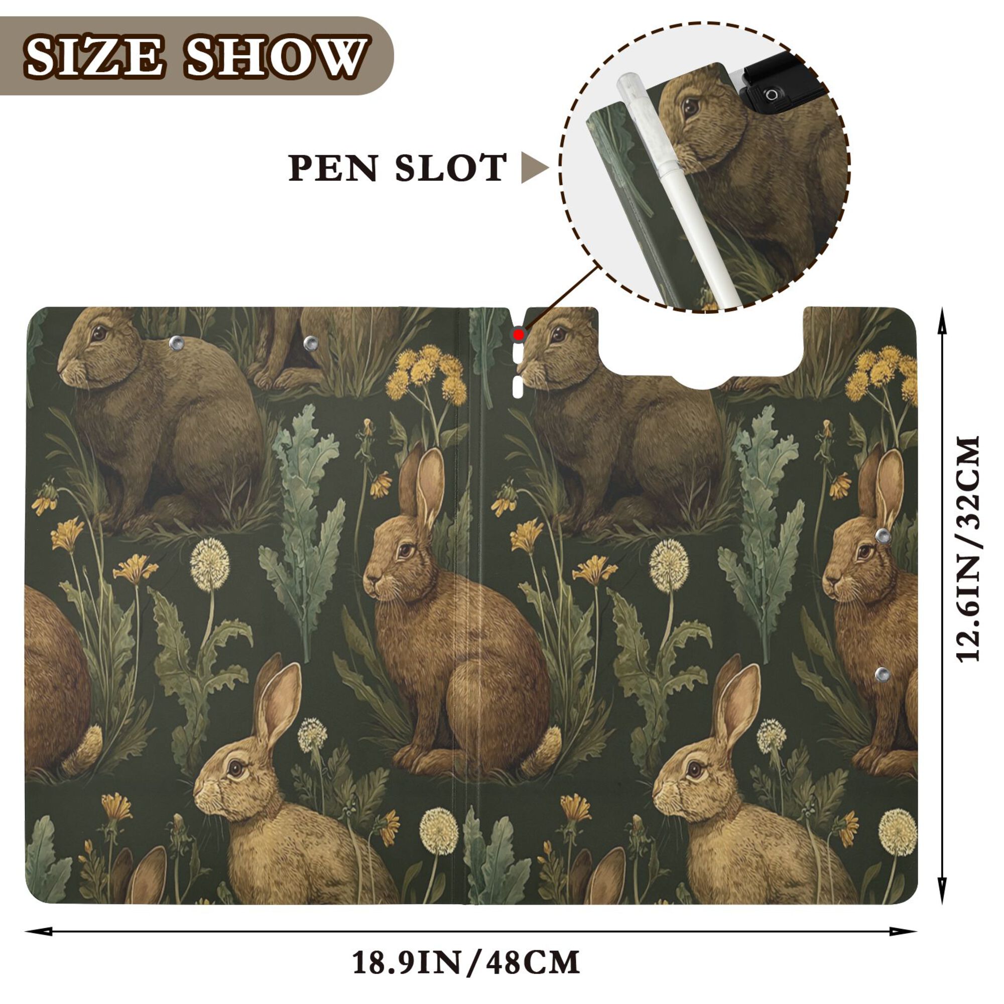 FORMRS A4 Clipboard Folder with Pen Holder Horizontal Foldable School Office Binder, Brown Floral Rabbits Pattern
