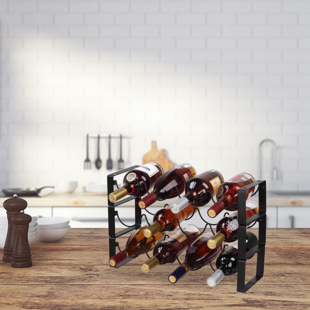 Veryke Wine Rack for Counters Tabletop, 3 Tier Stackable Metal Free Standing 12 Bottles Wine