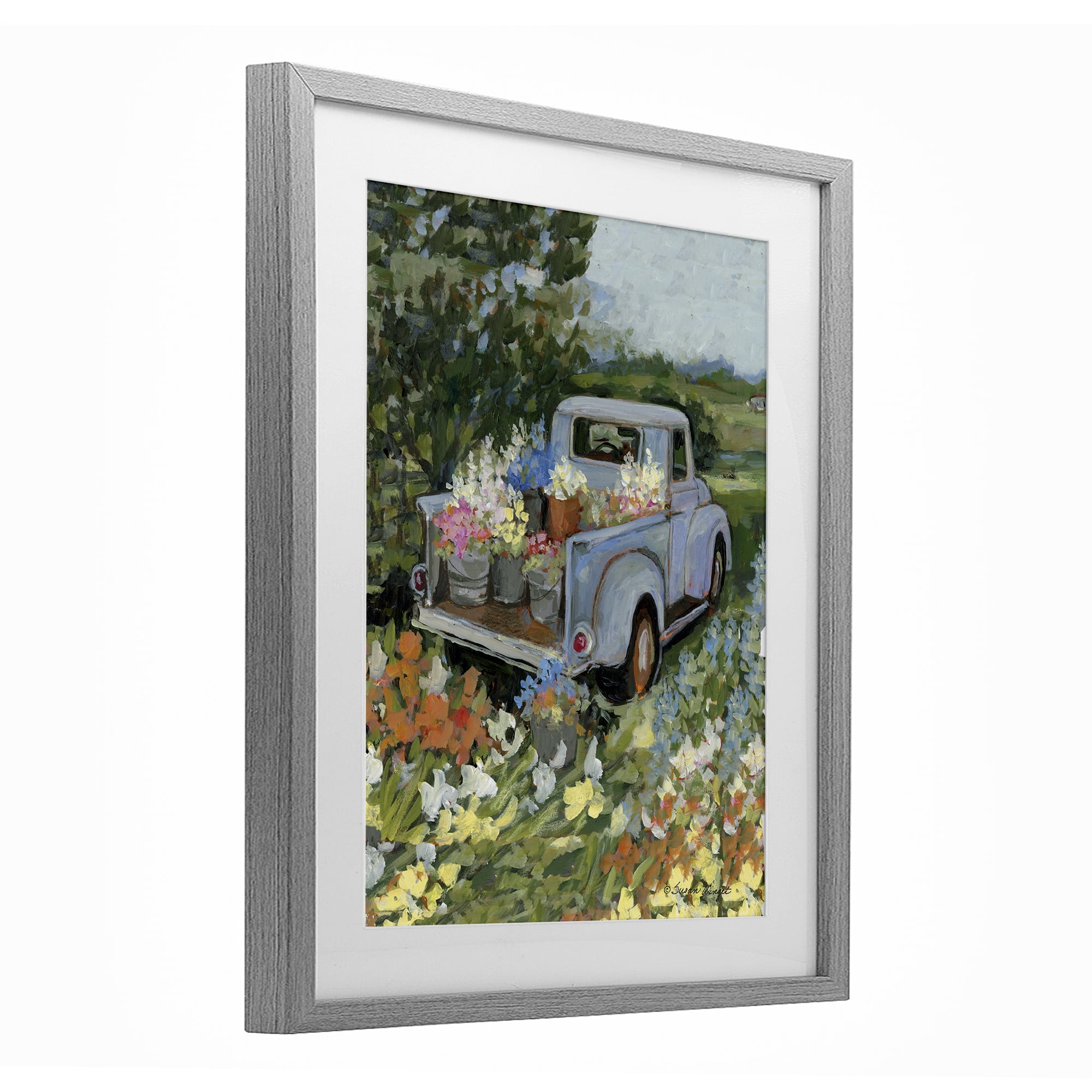 Stupell Industries Truckin' Field with Flowers Gray Framed Print Under Glass, design by Susan Winget