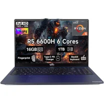 15.6" New Gaming Laptop Computer 6 Cores AMD Ryzen 5 6600H 16GB DDR5 RAM 1TB SSD 660M 6nm GPU-Computer with 100W Type-C Backlit Keyboard, Fingerprint Blue