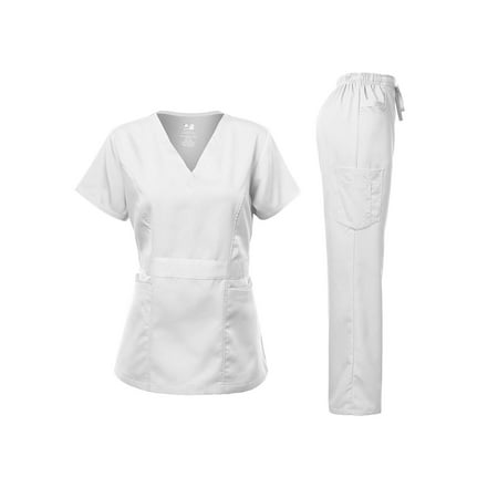 

Dagacci Medical Uniform Women s Scrubs Set Stretch Ultra Soft Contrast pocket (White 2X-Large)