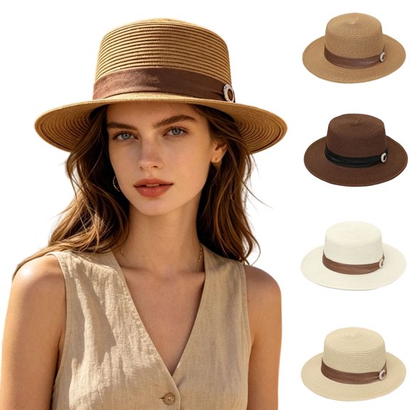 UTSJKR Womens Flat Top Short Brim Fedora with Buckle Band for Summer Coastal Retreat for Town Café Visit Outdoor Brunch Packable Classic Silhouette UV Shield Vacation Headwear Beige