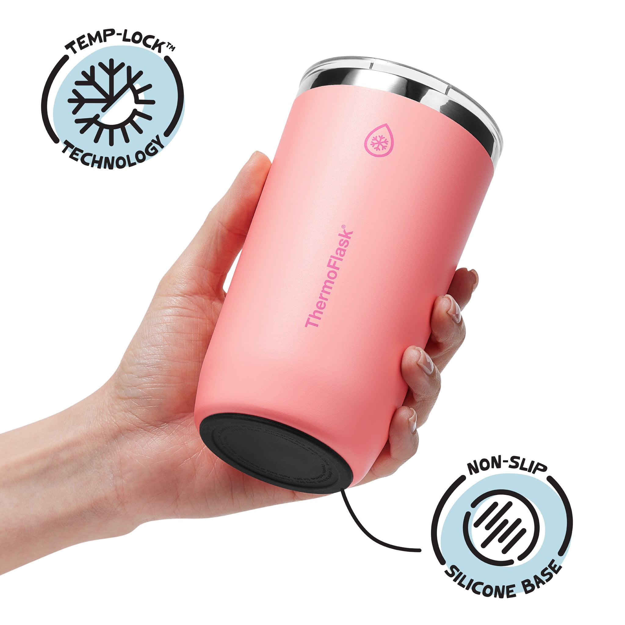 ThermoFlask Drinkware 16 oz Beer Tumbler - Double-Wall Insulated for Cold & Hot Drinks - Lightweight & Simple Cup with Innovative Press In Slider Lid - Modern & Durable - Sunkissed Coral