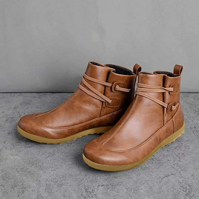 YOUSNH Bottes en Cuir Vintage pour Femmes, Chaussures Plates Imperméables, Bottines d'Hiver à Bout Rond, Bottes pour Femmes, Brun 9