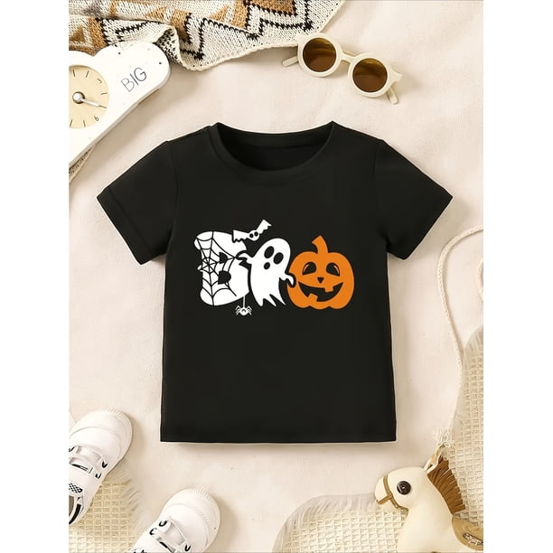 Boy'S Black Halloween-Themed "Boo" Graphic T-Shirt - Short Sleeve, Crew Neck, Casual Style with Ghost, Pumpkin, Spider Web Design, Perfect for Fall Festivities, Halloween apparel