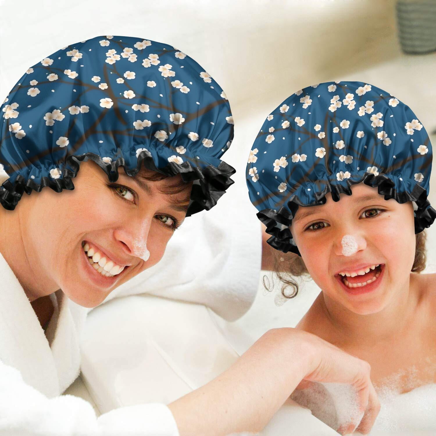 Shower Caps,Pioneer Flower Floral Print Pattern Waterproof Shower Cap for Women 4 Pieces,Double Reusable Hair Cover for Shower PEVA Elastic Stretch Hem