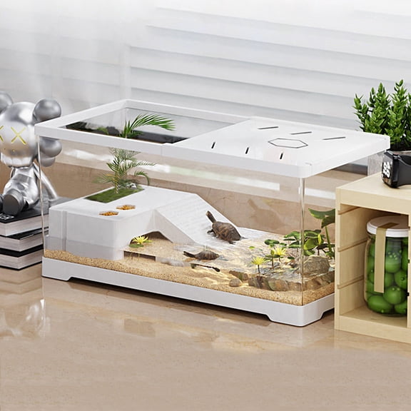 Turtle Fish Tank with Basking Platform and Bottom Drainage, 11.8" x 7" x 7.3" Aquatic Turtle Tank for Juvenile Turtle, Crayfish, Crabs, Amphibians, Reptiles, PC Material, White Color