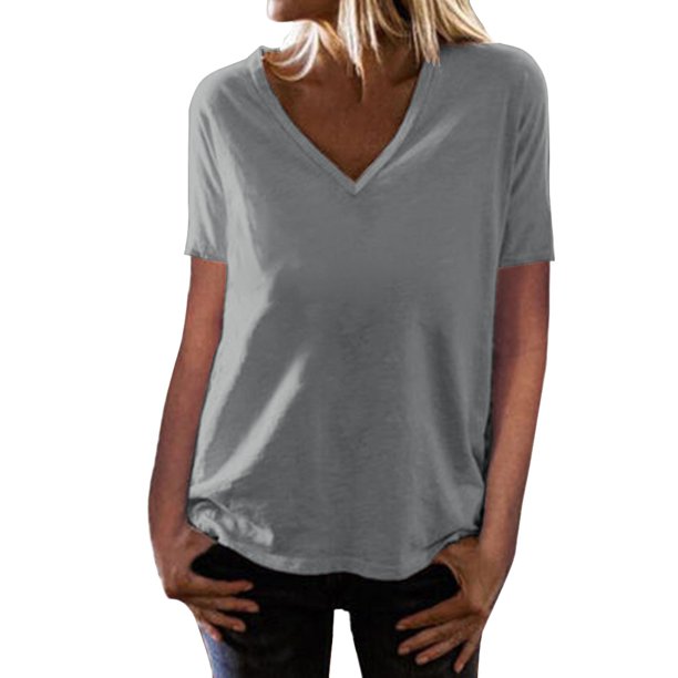 Gibobby Playera Manga Corta para Mujer Camiseta suelta informal con cuello en V para mujer, blusa manga corta con estampado(Gris,M)
