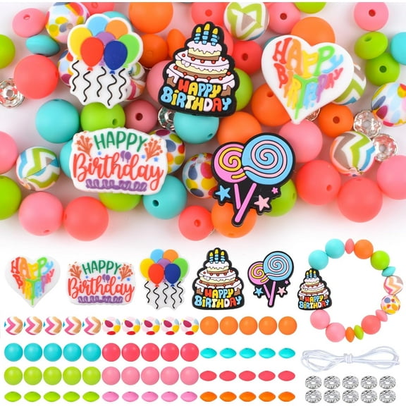 76Pcs Birthday Theme Silicone Beads Bulk Colorful Focal Beads Loose Irregular&Round Spacer Beads for DIY Pen Bracelet Keychain Craft Making