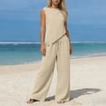 thumbnail image 7 of Cotton Linen Outfits for Women Summer Trendy Vacation Clothes 2 Piece Sleeveless Tank Top Wide Leg Pants Set (XL, Khaki), 7 of 7