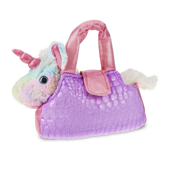 DolliBu Purple Unicorn Plush Purse Pet Carrier - Cute Unicorn Stuffed Animal Pet Purse for Girls, Removable Sparkly Purple Unicorn Stuffed Animal in Purple Plush Carrier for Dress Up and Pretend Play