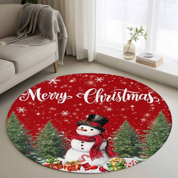 Round Rugs 4 Ft, Red Christmas Non Slip Area Rugs for Kitchen Bedroom Entryway, Snowman Xmas Tree Gifts Snowflake Winter Washable Carpet Runner Rug Floor Mats for Bedroom Home Decor