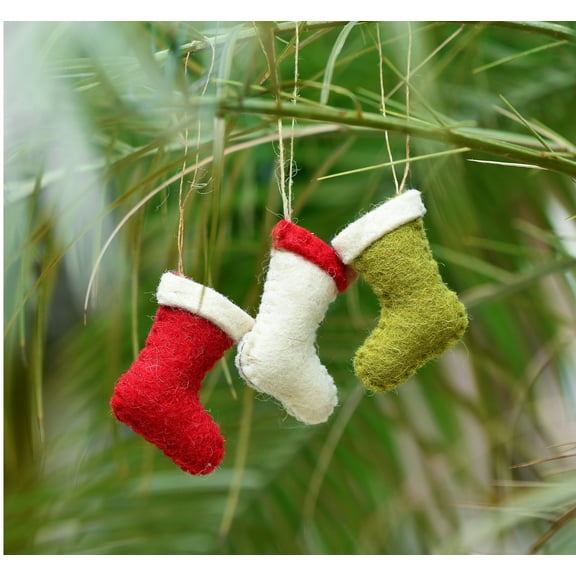 De Kulture Works Wool Felt Mini Christmas Stockings, Set of 3 Eco Friendly Needle Felted Christmas Xmas Tree Decoration Ornament