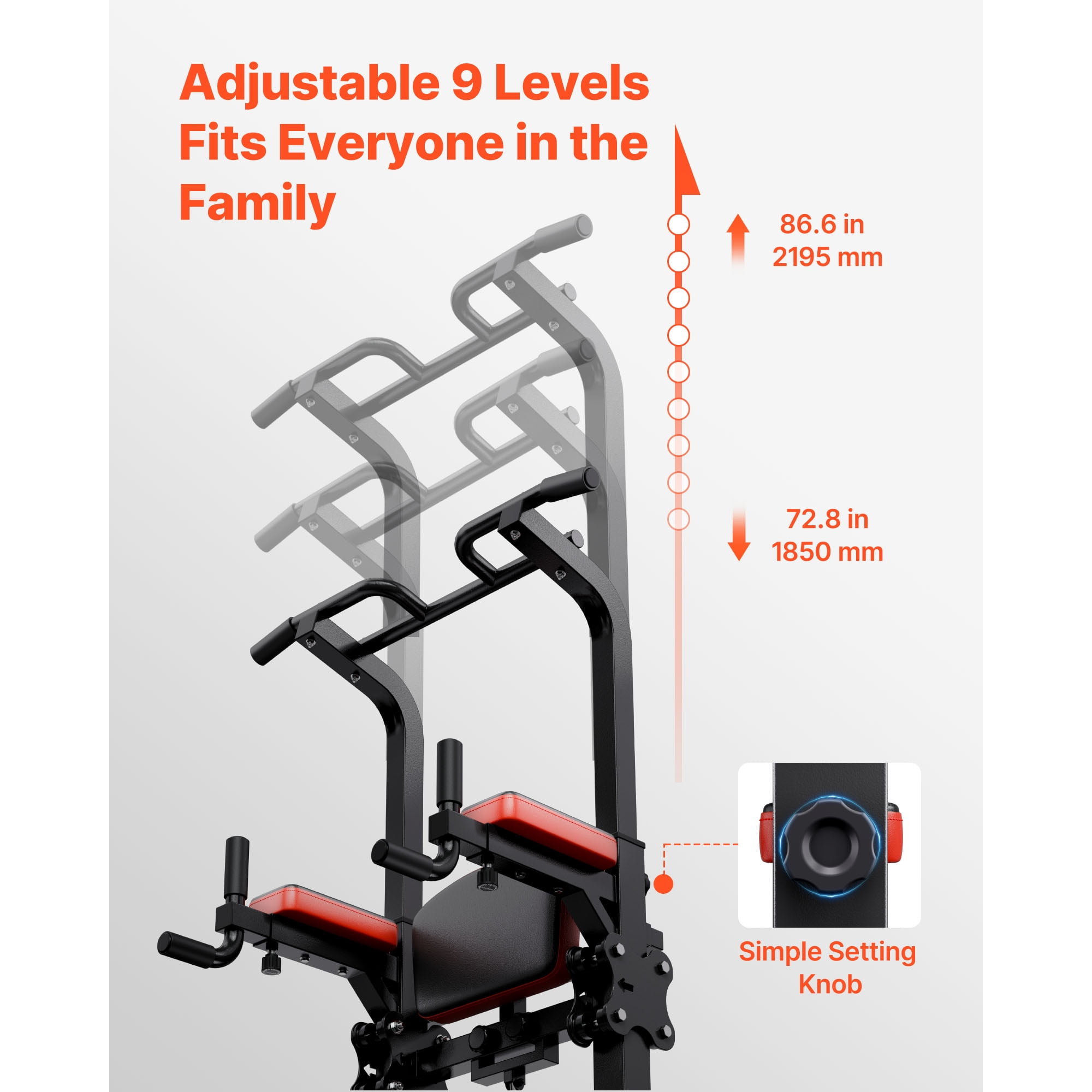 KFFKFF Pull Up Bar, 330 LBS Capacity Power Tower Dip Station, Fitness Dip Station with Stable H-Shaped Base & Support Platform, 9-Level Adjustable