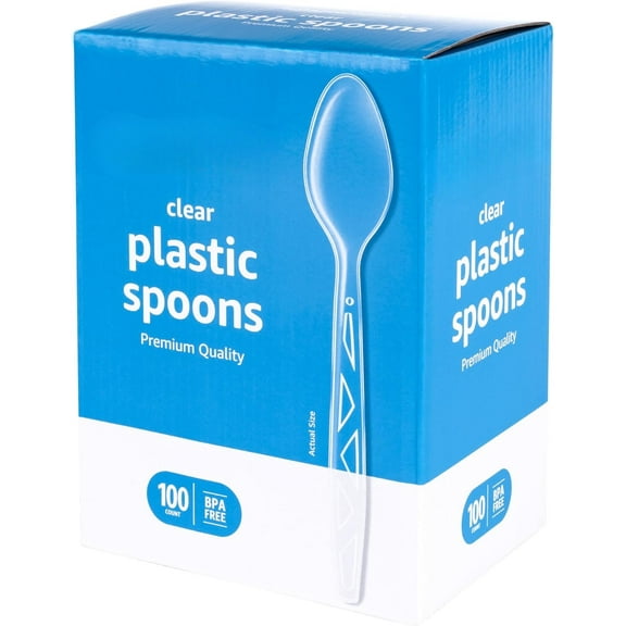 Basic Disposable Clear Plastic Spoons, High Quality, 100 Count, Bulk Pack
