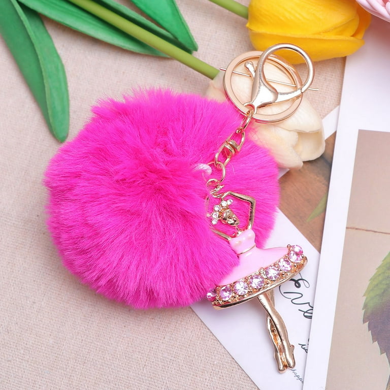 Lovely Crystal Ballet Girl Keychains Dancing Angel Fluffy Puff Ball Pendant  Fur Key Chain Car Styling Bag Jewelry Pompom Keyring (Pink)