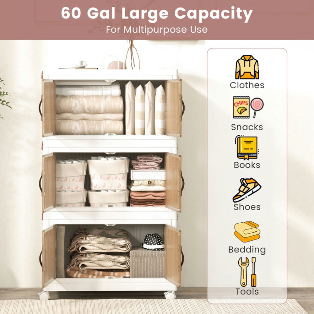 Finihen Storage Bins, 25.5/60 Gal 3-Tier Stackable Storage Boxes Bins with Magnetic Doors and Lockable Casters-M, for Living Room, Bedroom, Entryway, White