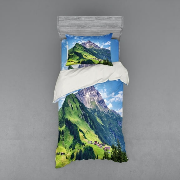 Ambesonne Nature Bedding Set 3 Pcs, Spring Scene Mountain, Twin XL, Green Blue