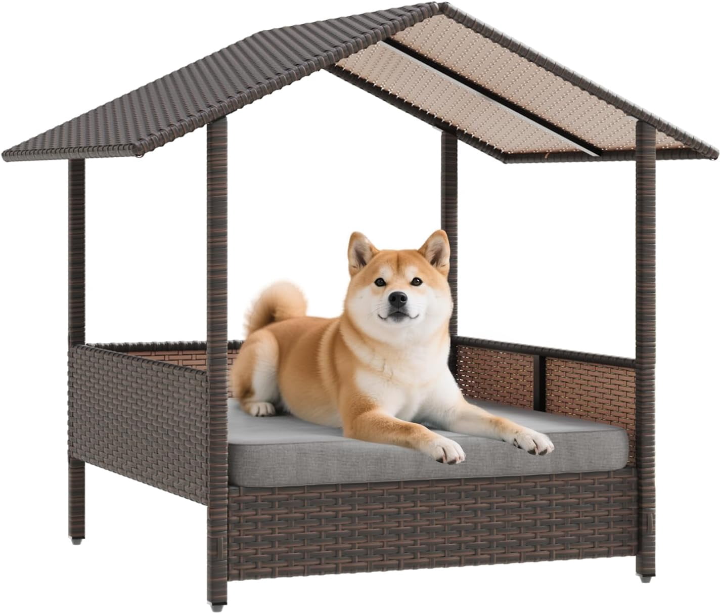 Wicker Dog House Outdoor Indoor with Canopy and Removable Cushion, Elevated Rattan Dog Bed Shelter for Small/Medium Dogs, Weather Proof Cushion Cover Pet Cabana for Patio, Deck, Pool, Yard,Black