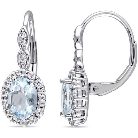 Tangelo 2 Carat T.G.W. Oval-Cut Aquamarine, White Topaz and Diamond-Accent 14kt White Gold Halo Leverback Earrings