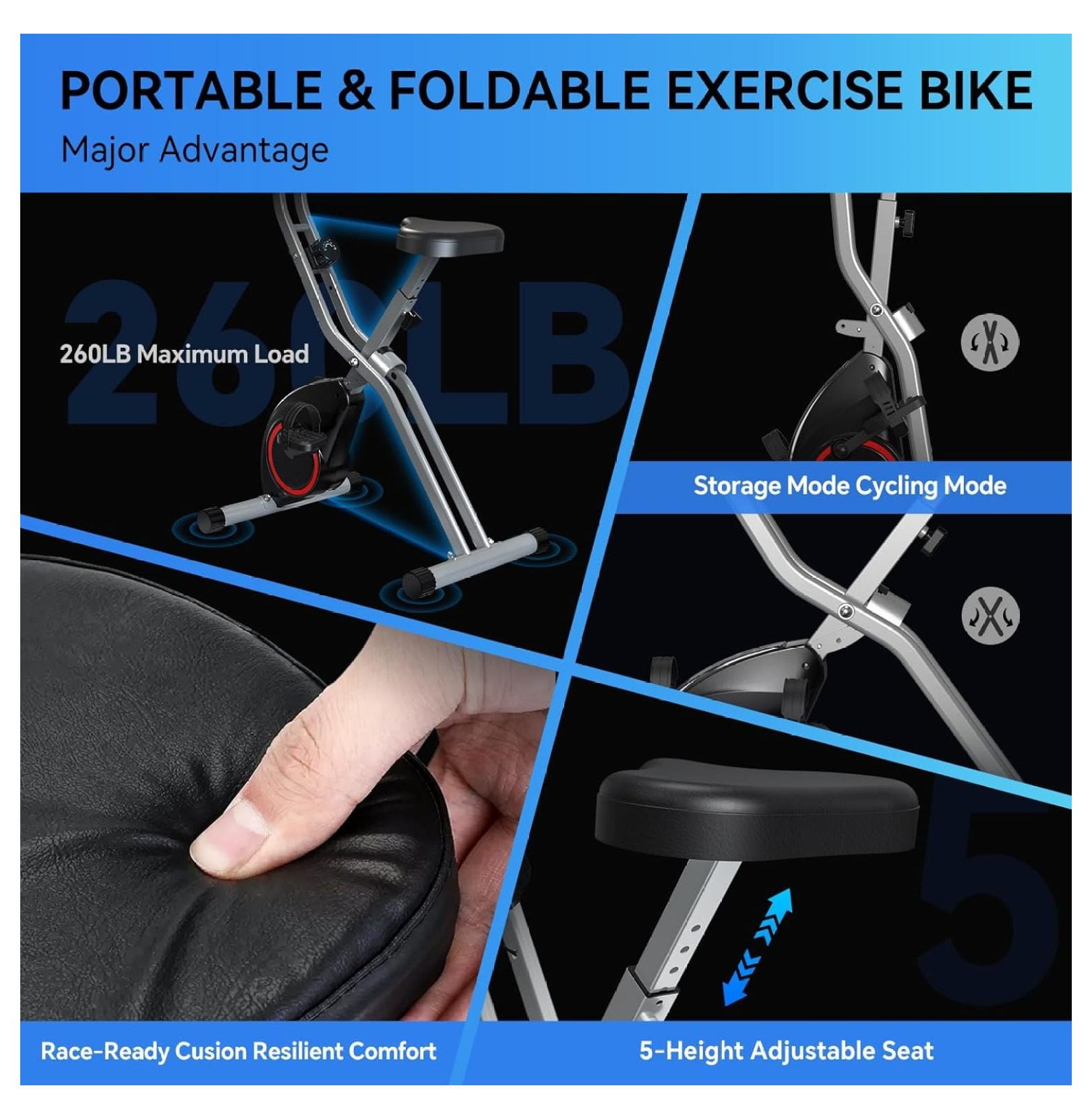 Lightweight 33LB Foldable Exercise Bike for Small Apartments, Stationary Bikes for Home Workout, Indoor Portable Cycling Bike with 16-Level Magnetic Resistance, 260LBS Capacity, 5.5 LBS Flywheel