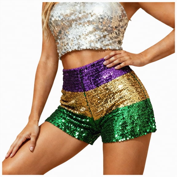 mgoYE Women's Sparkly Sequin Shorts Elastic Waist Glitter Straight Leg Party Shorts(Purple,L)