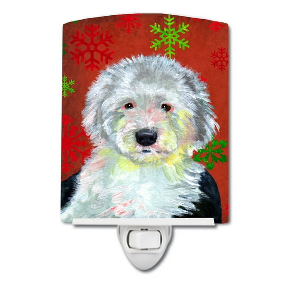 Caroline's Treasures LH9351CNL Old English Sheepdog Red Green Snowflakes Holiday Christmas Ceramic Night Light, 6x4x3",