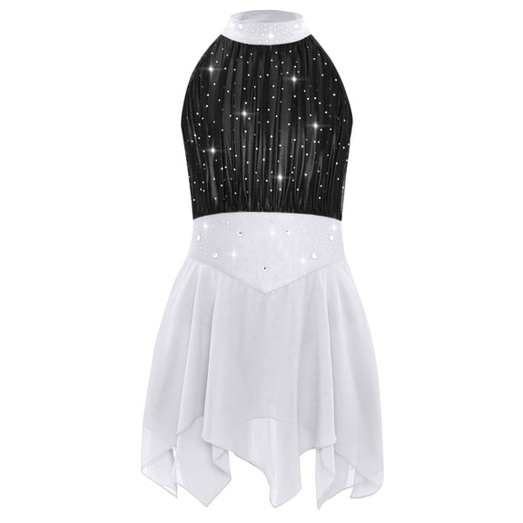 Hansber Kids Girls Sleeveless Glittery Mesh Irregular Hem Figure Ice Skating Dress Ballet Lyrical Dance Wear White Black 12