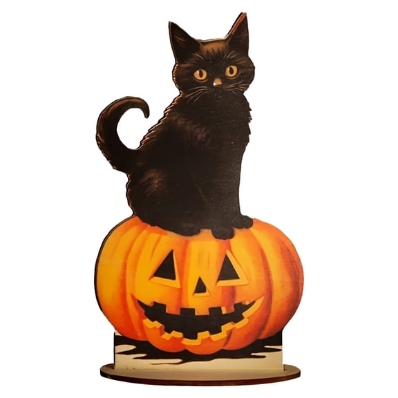 Halloween Black Cat Pumpkin Figurine, Wooden Tabletop Halloween Decor, Jack O Lantern Cat Ornament, Vintage Wooden Craft, Freestanding Desktop Centerpiece, Farmhouse Halloween Party Decor,Black
