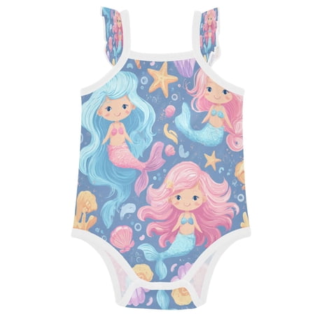 TTYFWHD Infant Toddler Baby Girl Romper Cute Little Mermaids Ruffle Sleeveless Cotton Summer One Piece Bodysuit 3-24M