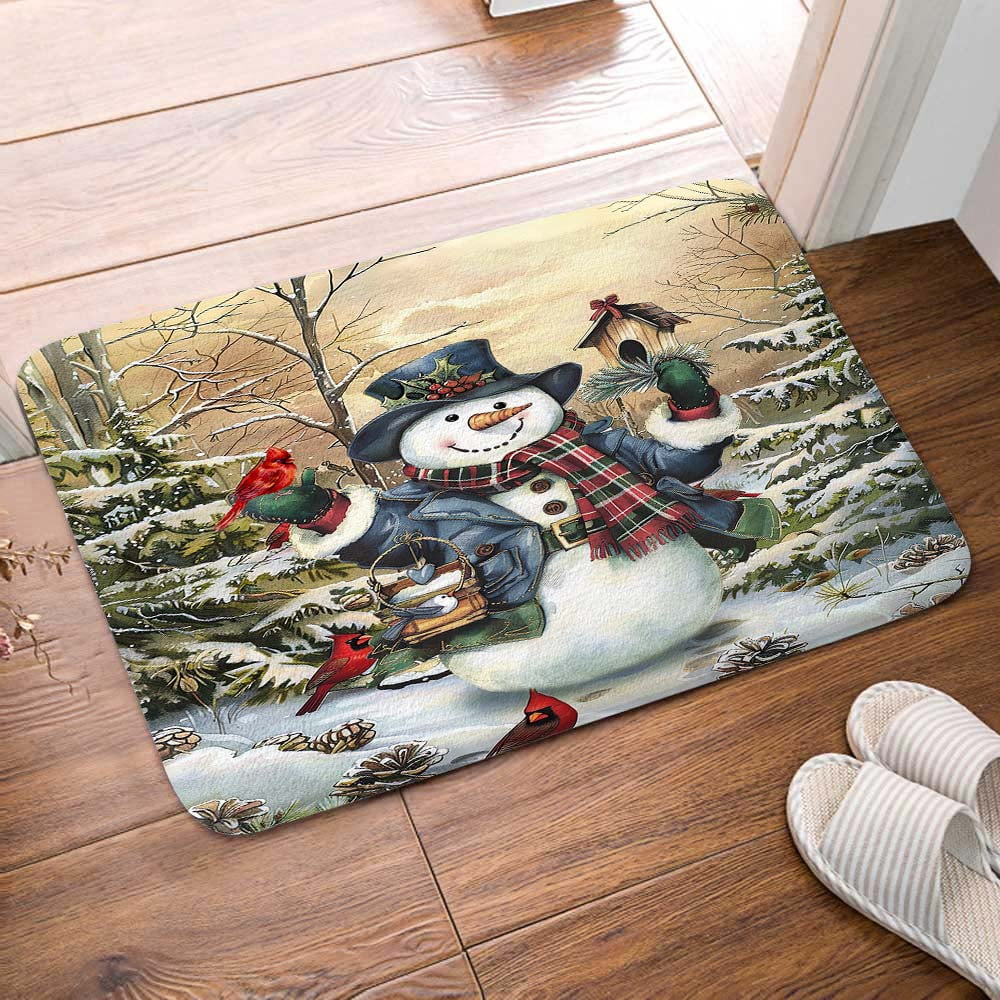Retro Winter Christmas Snowman Bath Mat, Vintage Cute Xmas Snowman Holiday Rustic Winter Forest Farmhouse Bath Rug for Bathroom, Christmas Bath Mat Soft Non Slip Bath Rugs, 16X24IN