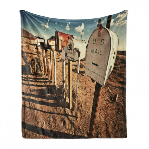 United States Soft Flannel Fleece Blanket, Old Mailboxes in West America Rural Rusty Landscape Grunge Countryside, Cozy Plush for Indoor and Outdoor Use, 60" x 80", Brown Blue White, by Ambesonne