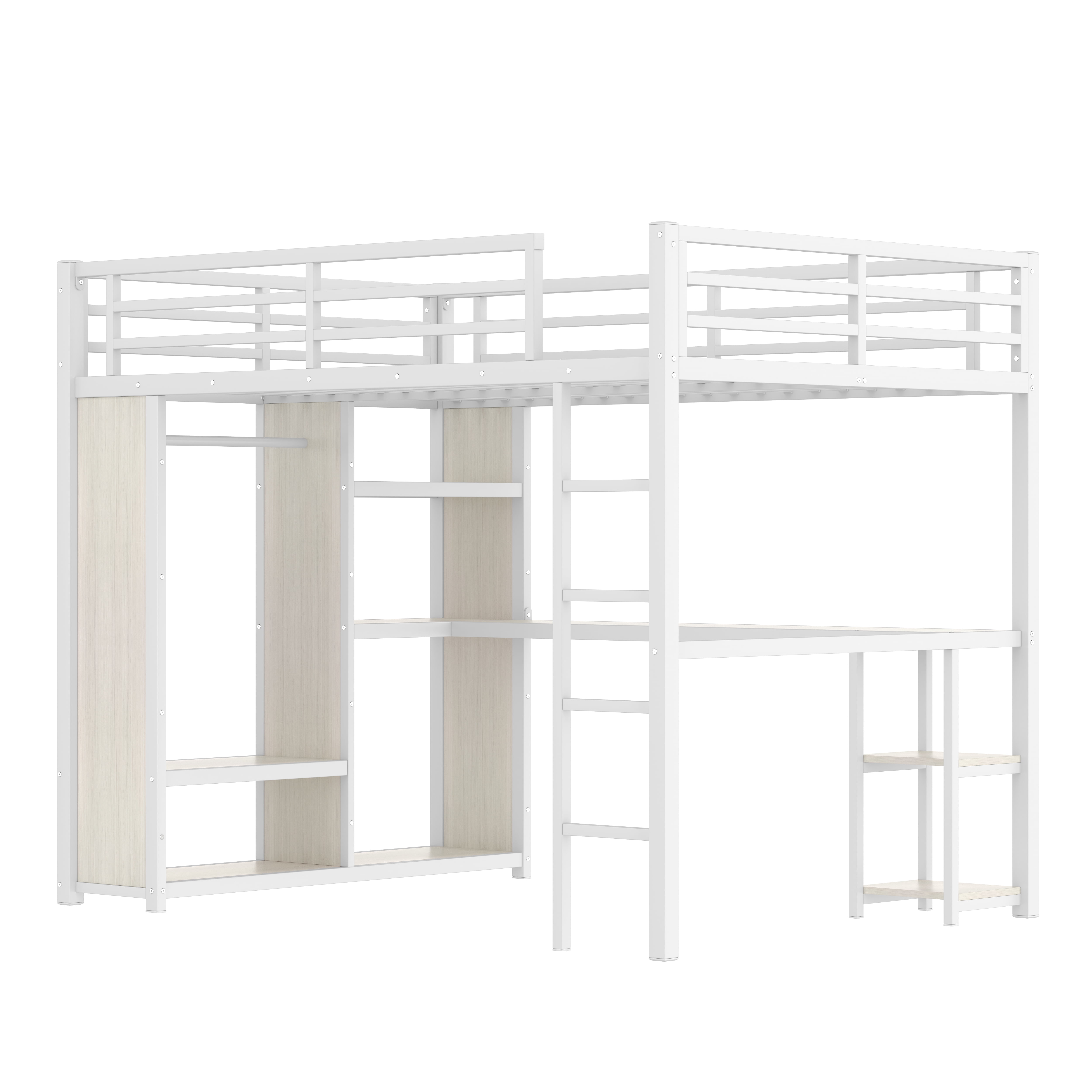 Leumius Queen Size Metal Loft Bed with Built-in Wardrobe,Heavy Duty Loft Bed Frame with Desk and Storage Shelves,Space-Saving,White