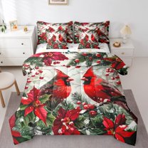 Manfei Christmas Robin Bedding Comforter Set 7 Pieces, Winter Plant Fruit Full Bedding Set, Rustic Farmhosue Cabin Reversible Fitted Sheet Flat Sheet, Ultra Soft Home Decor