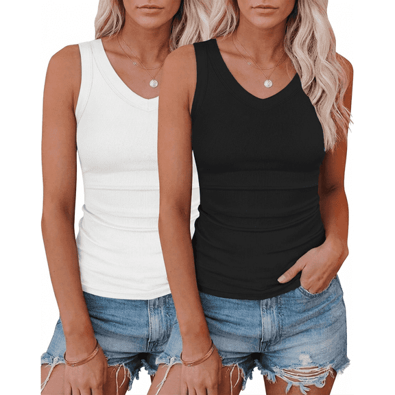 WQD 2 Pack Tank Tops for Women V Neck Ribbed Knit Slim Fitted Sleeveless Basic Tee Tanks Casual Summer Fashion Clothes