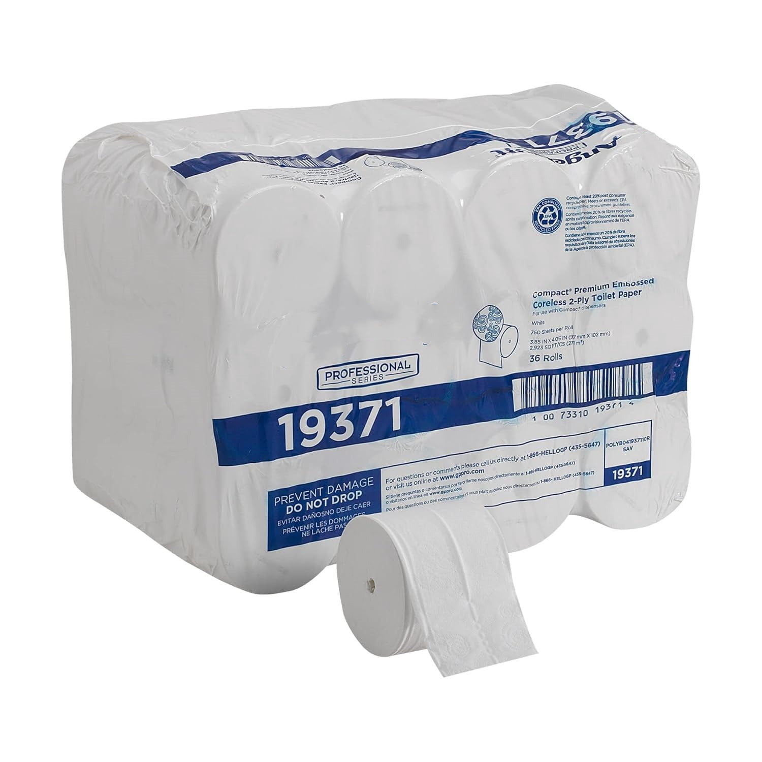 Series Compact Premium Embossed Coreless 2-Ply High-Capacity Toilet Paper ,White,19371,750 Sheets Per Roll,36 Rolls Per Case