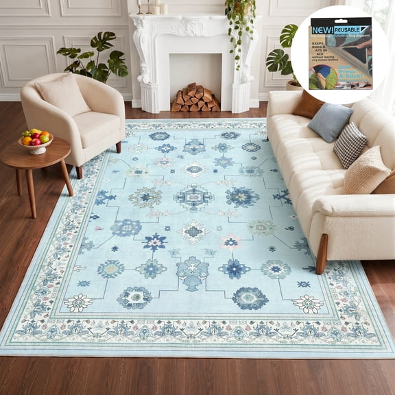 Fnova Boho Blue 9x12 Area Rugs for Living Room, Soft Washable Large Rugs for Bedroom, Farmhouse Bohemian Soft Non-Slip Indoor Dining Room Carpet for Kids Playroom Office
