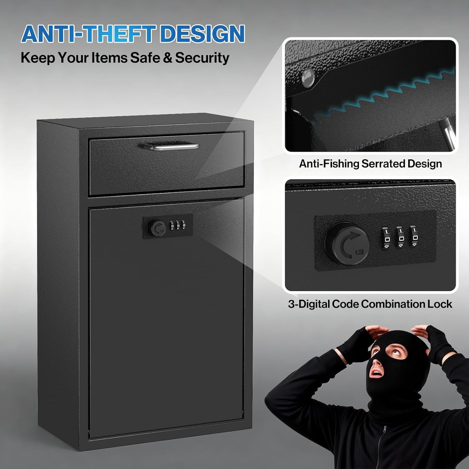 Locking Wall Mailbox Drop Safe - Heavy Duty 1.2mm Steel Code Box for Business, Cash & Keys
