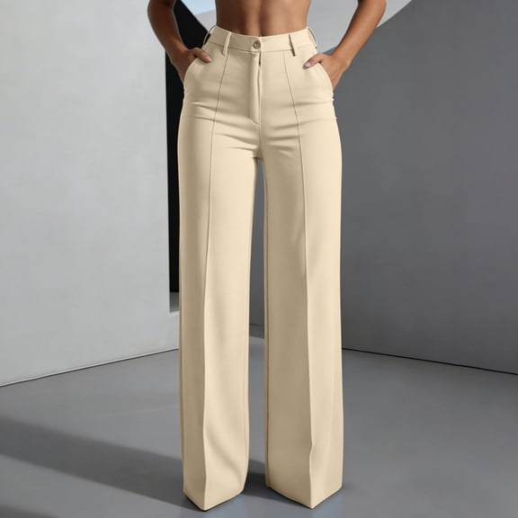 Dress Pants For Women Chic Minimal High Waisted With Pockets Wide Leg Straight Leg Summer Classic Casual Pleated Front Travel Outfit Easy Care Comfort Waist For Daily Movement Khaki 3XL