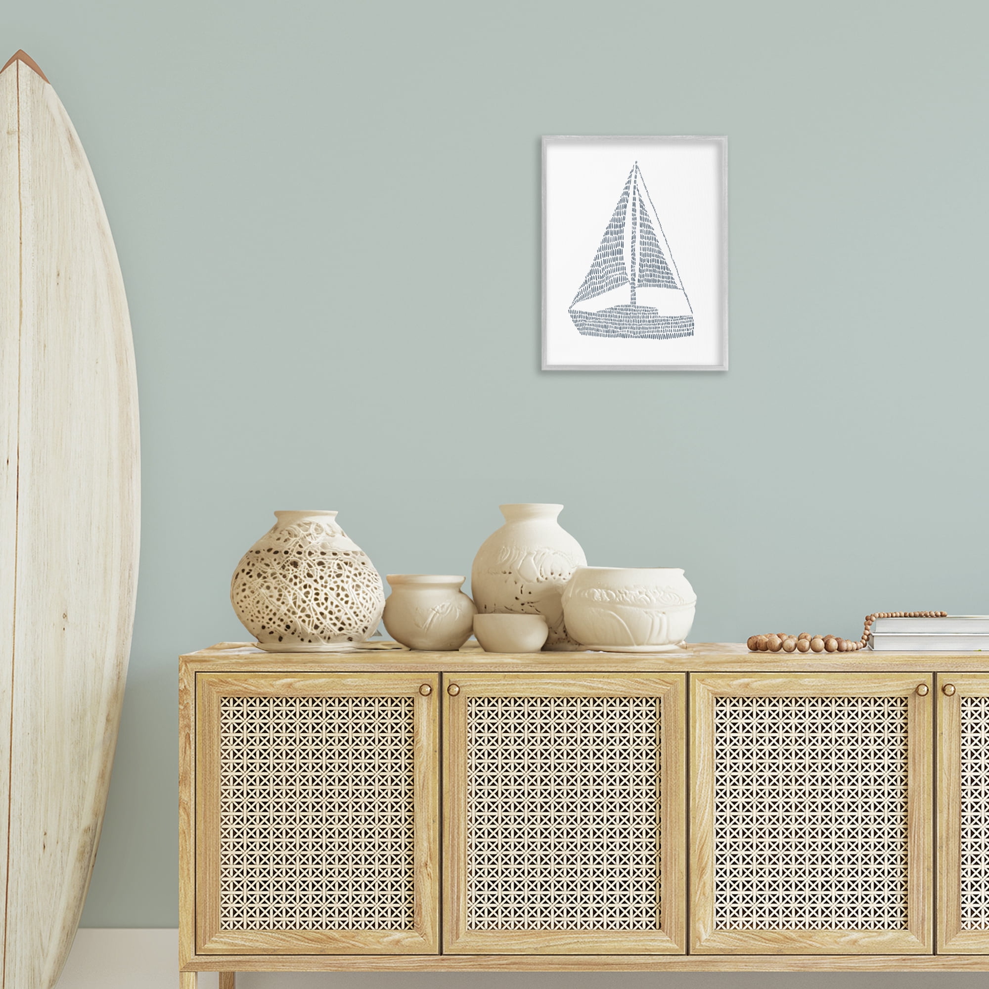 Stupell Industries Minimal Sail Boat Coastal Painting Gray Framed Art Print Wall Art, 16 x 20