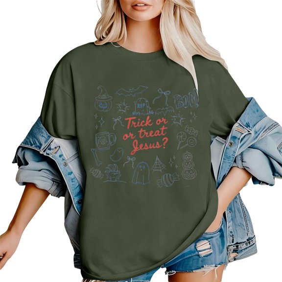 Gunia Halloween Women'S T Shirts Pumpkin Graphic Print Short Sleeve Crew Neck Casual Loose Thanksgiving Tops Tee Shirts Army Green S-3Xl