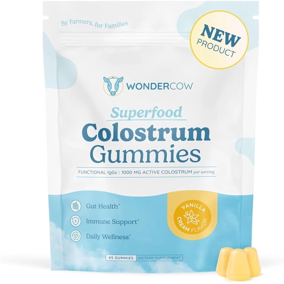 WONDERCOW Colostrum Gummies, Whole Bovine Colostrum Supplement, 1000mg per Serving, 45 Gummies, 15 Servings, Vanilla Cream