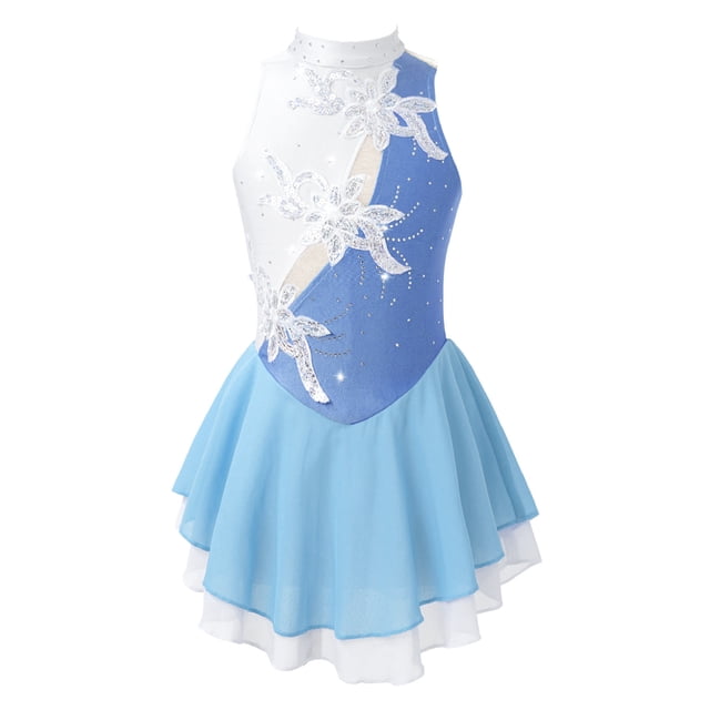 LiiYii Jupe Tutu Sans Manches à Sequins Florale pour Filles, Costume de Compétition Bleu Clair 8