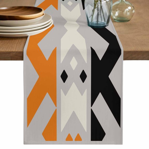 Orange Black Geometric Table Runner 48 Inches, Modern Abastract Lines Grey Bed Runner Dresser Scarves Tabletop for Indoor Outdoor Parties/Ceremony/Banquet, 13" x 48"