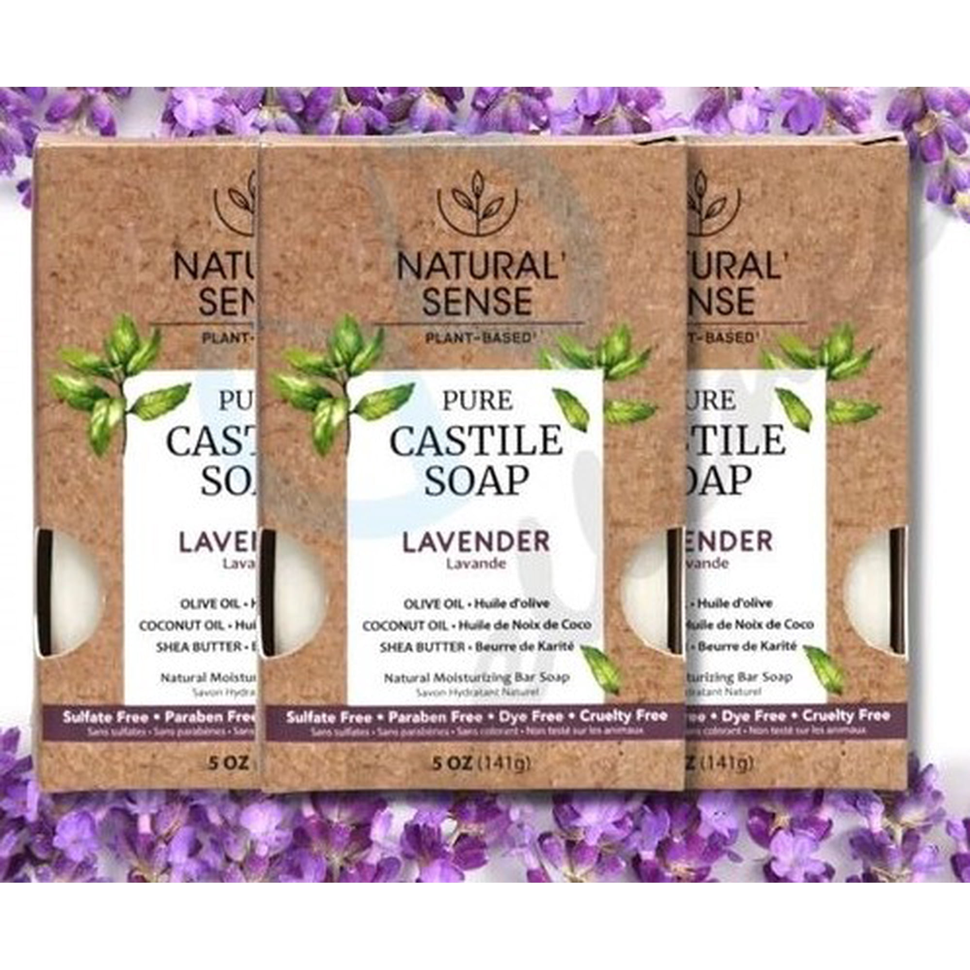 Natural Sense Plant-Based Pure Castile Soap Lavender, 5 OZ– 3 Pack | Olive Oil, Coconut Oil & Shea Butter Moisturizing Bars | All Natural