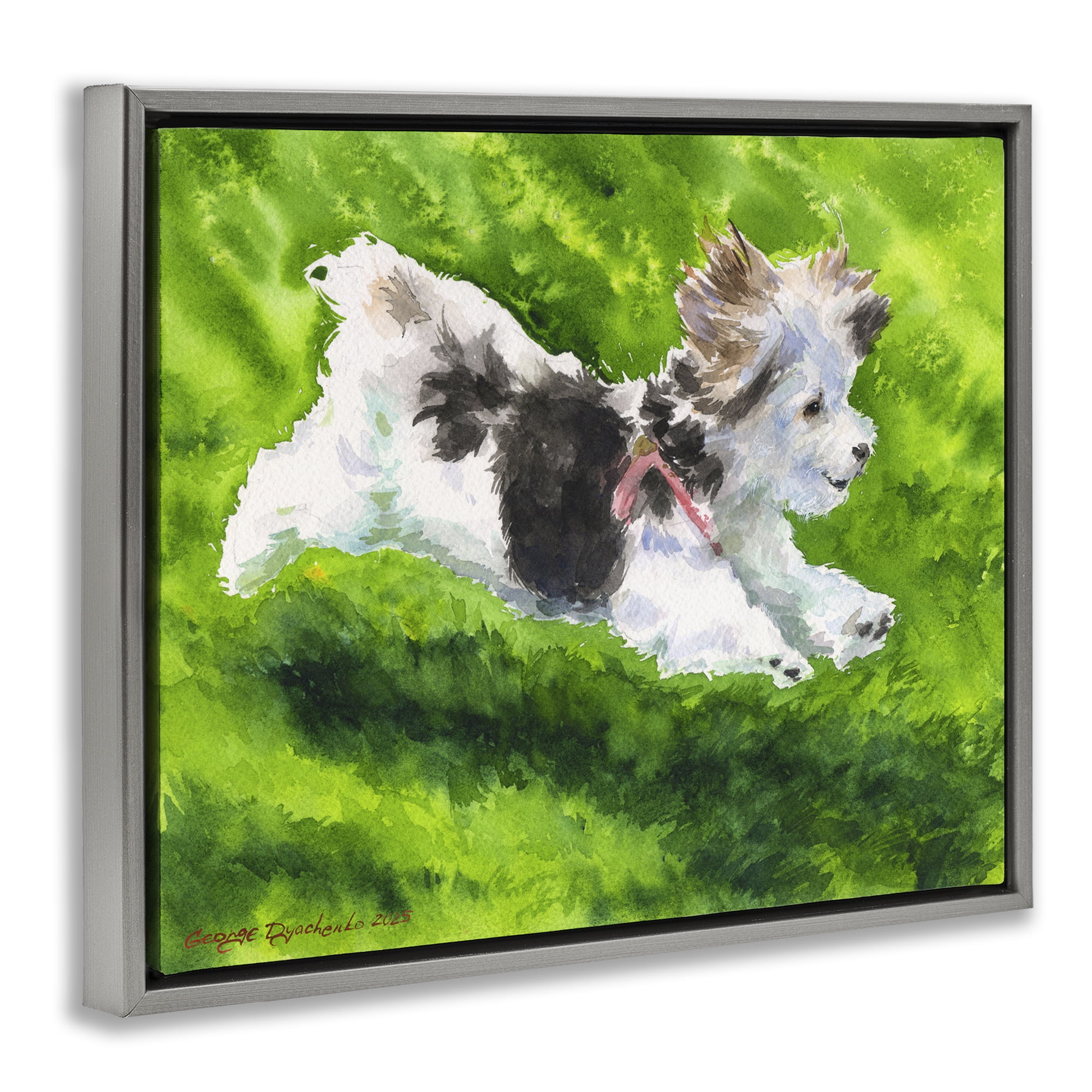 Stupell Industries Happy Maltipoo Running Gray Framed Floater Canvas Wall Art, design by George Dyachenko